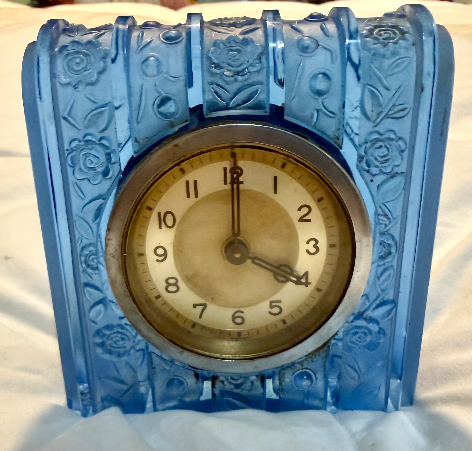 Vintage Used Art Deco Blue Glass 1930's Mantel Clock