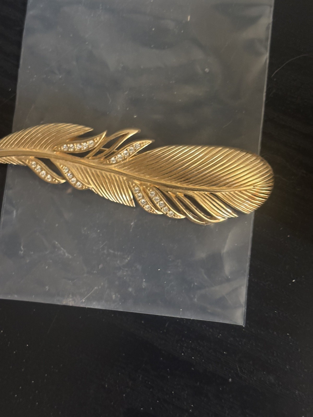 Vintage  DIOR Pin Brooch Gold Tone Leaf Clear Rhinestones