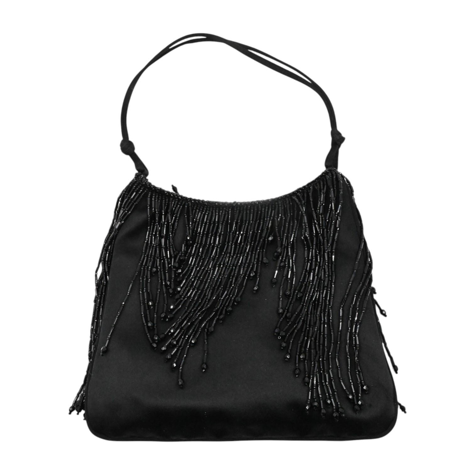 VINTAGE DESIGNER PRADA BEADED FRINGE TOP HANDLE EVENING COMPACT SATIN BAG