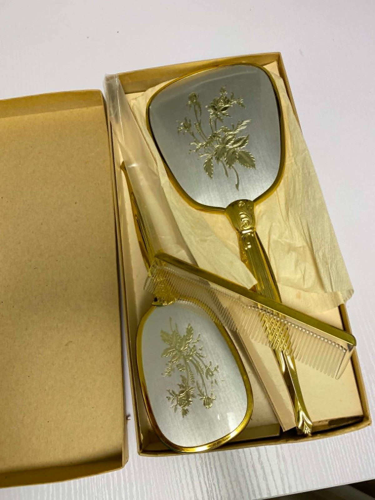 Vintage Handheld Vanity Mirror and Hairbrush Comb Set (NIB)