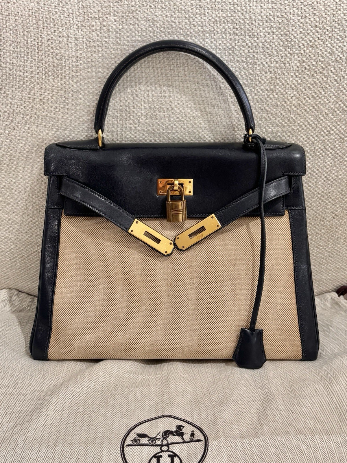 Authentic HERMES KELLY 28 vintage 1985 toile navy leather bag