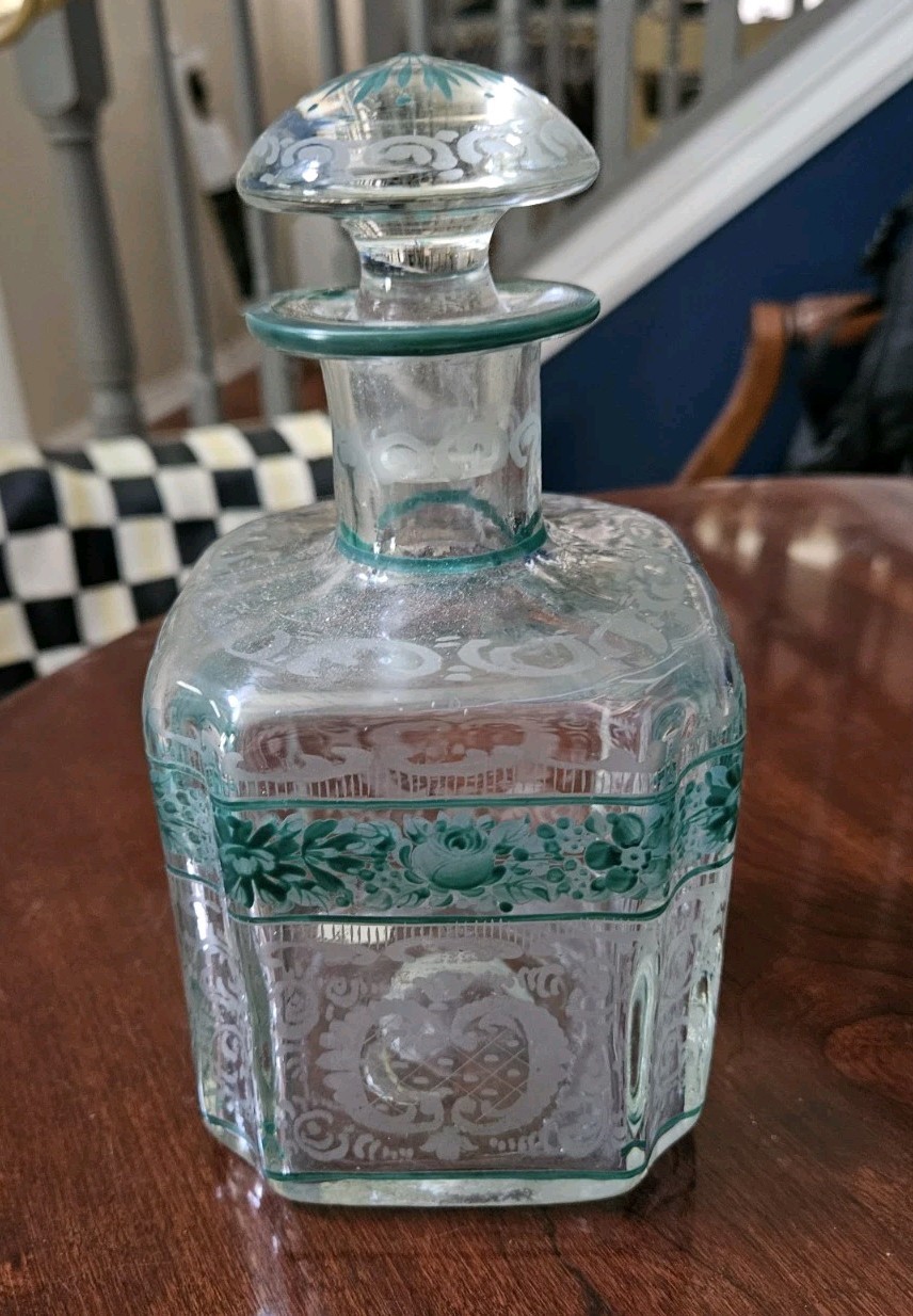 VINTAGE ANTIQUE ACID ETCHED FLORAL BOTTLE LIQUOR WHISKEY DECANTER STOPPER JAR