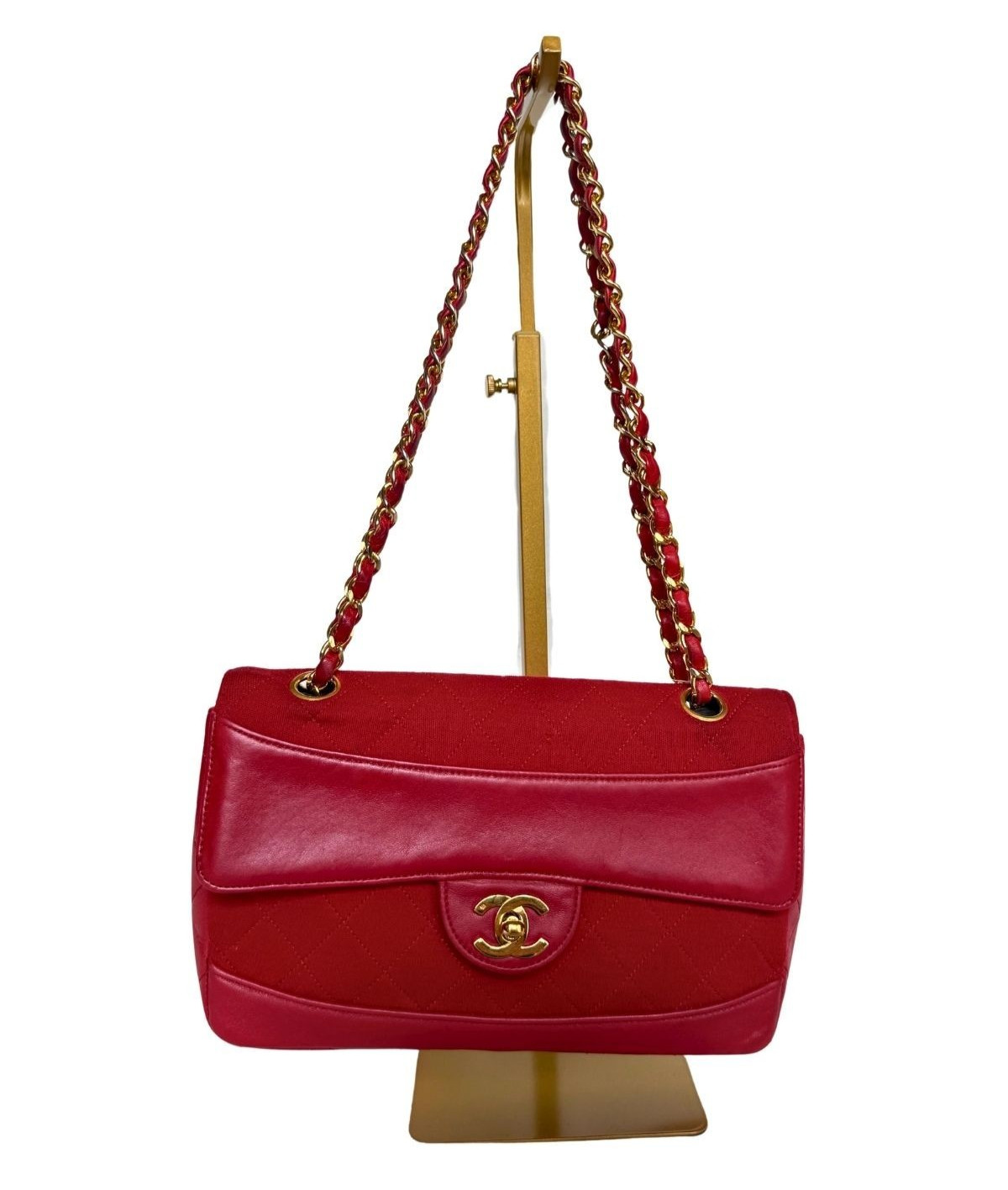 CHANEL Authentic Vintage Red Matelassé Jersey Leather Flap Chain Shoulder Bag
