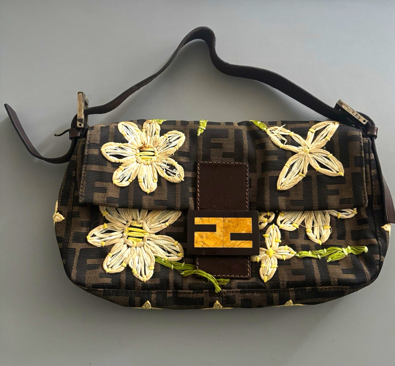 Vintage Fendi Zucca Monogram Daisy Flower Embroidered Baguette Bag Brown Y2K