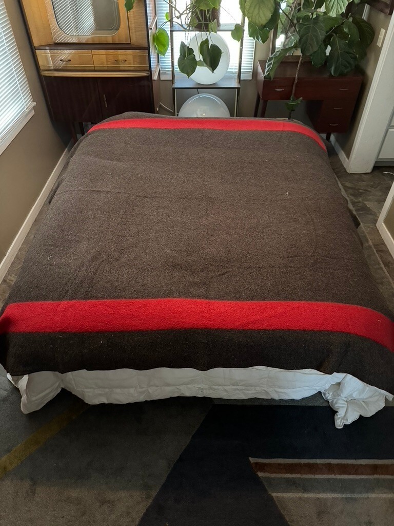 Vintage Baron Woolen Mills Brown Wool Camp Blanket Red Stripes Cabin Throw 80x90