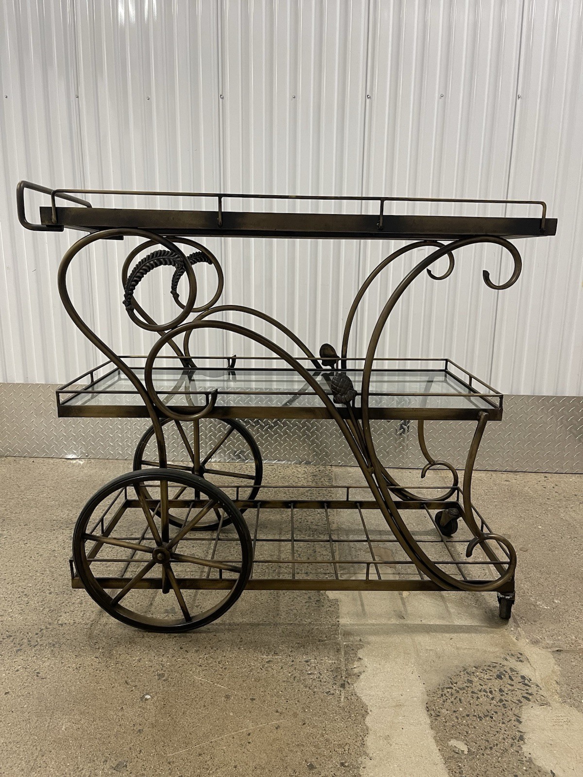 Vintage Brass Glass Bar Cart Hollywood Regency Rolling Serving Liquor Cart