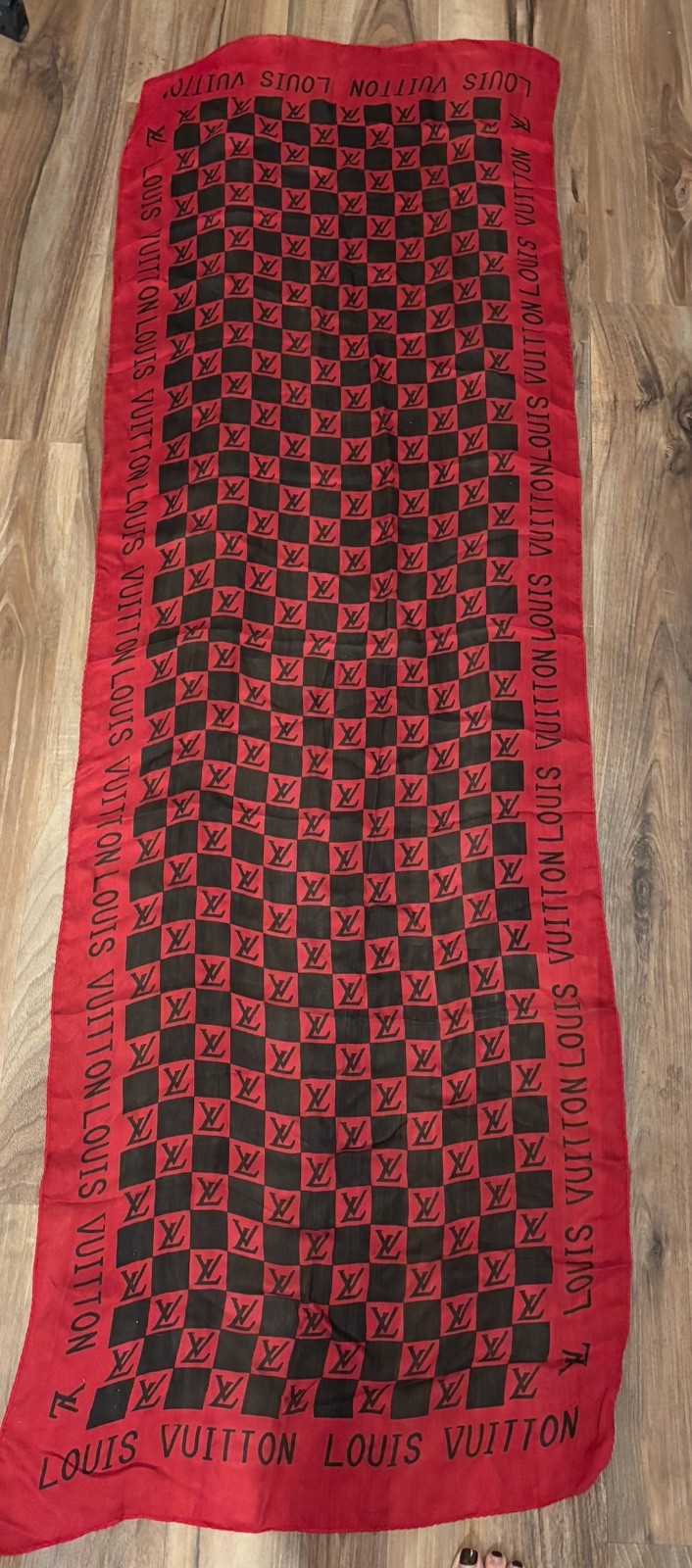 Vintage Louis Vuitton Monogram Red and Black Checkered Silk Scarf Shawl Stole