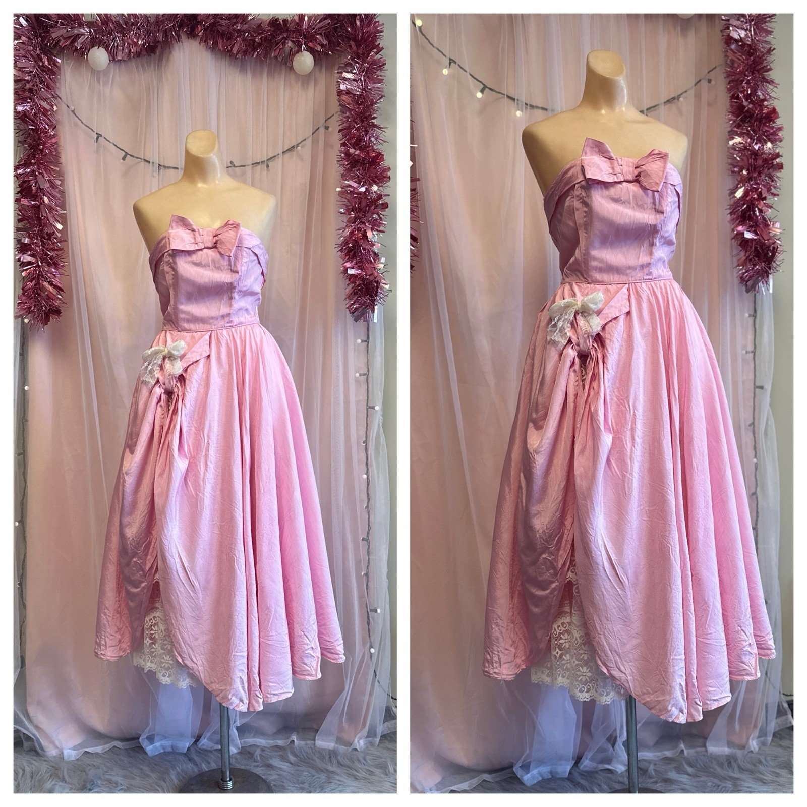 Vintage 50s Pink Formal Prom Dress Strapless Taffeta Bustle Lace Evening XXS