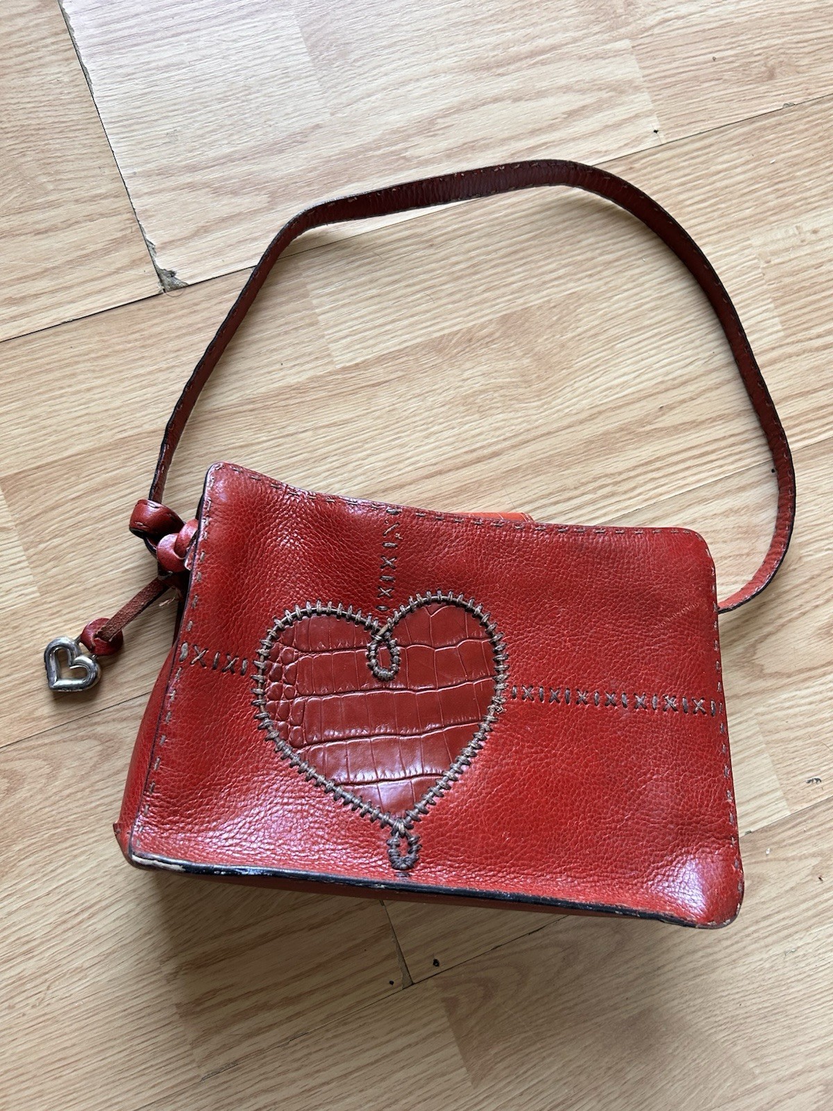 Brighton Red Leather Heart Stitched Shoulder Bag Purse Vintage