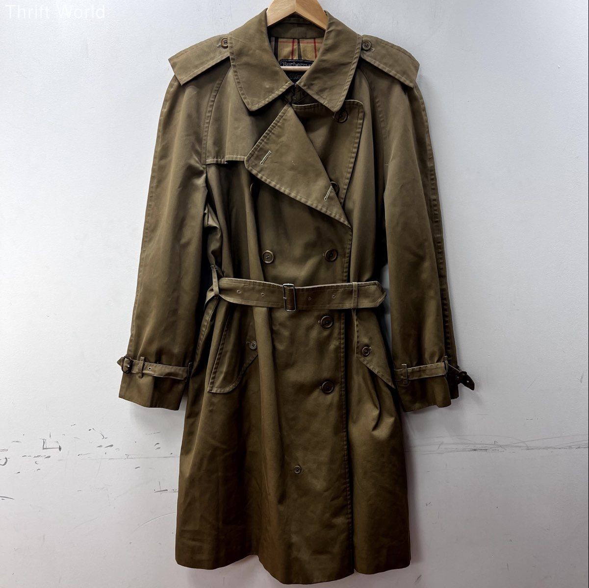 Vintage 80s Burberrys Made in England Trench Coat Olive Khaki Jacket 27" Pit