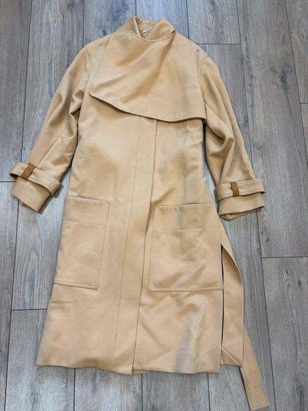 Vintage Celine Phoebe Philo wool goat leather trimmed deconstructed trench coat