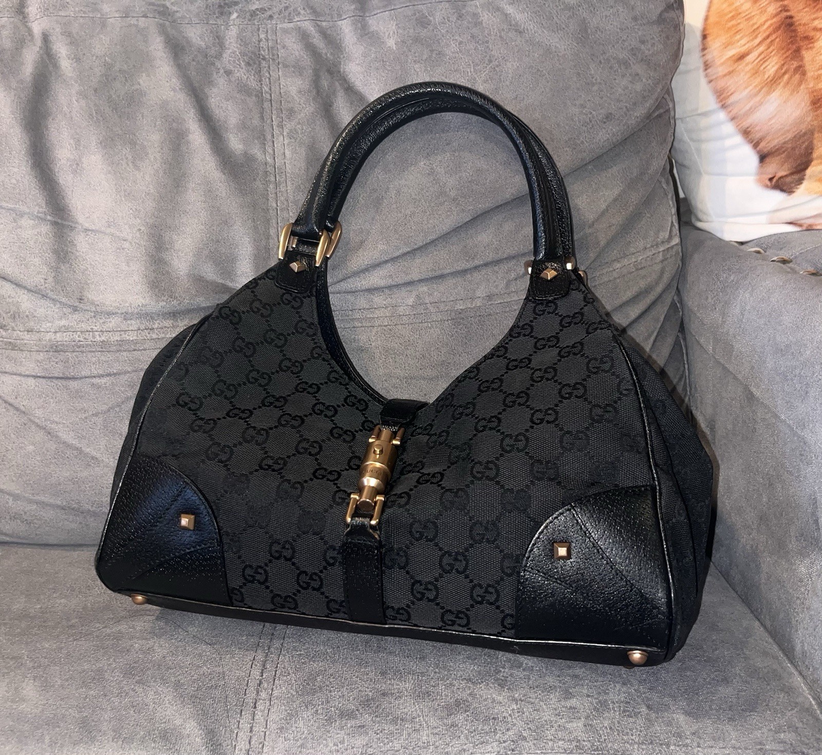 Gucci Jackie Bardot Nailhead Shoulder Bag GG Monogram Vintage Tom Ford era