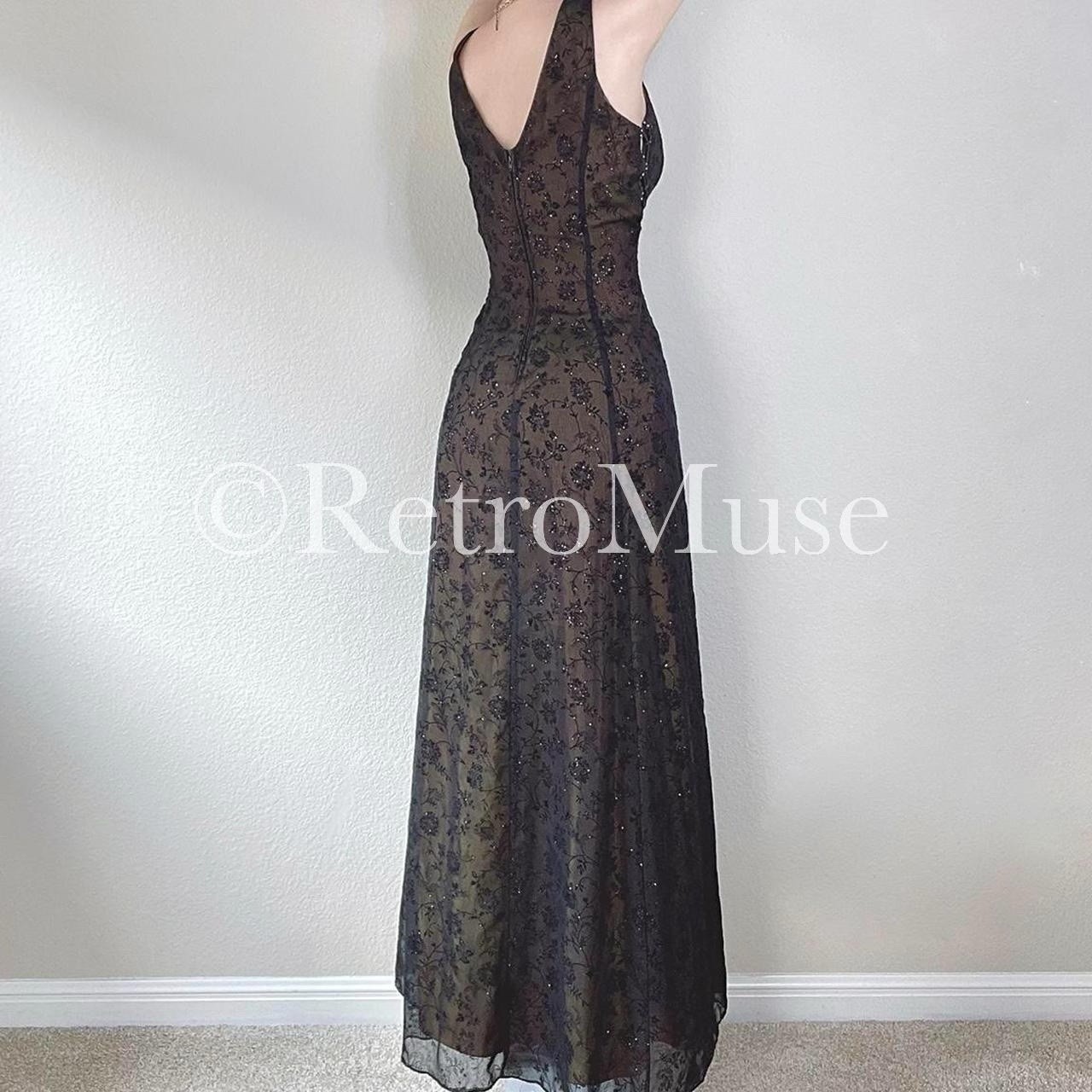 Vintage 1990s Black Lace Maxi Dress Formal Eveningwear Sleeveless Lace-Up Back