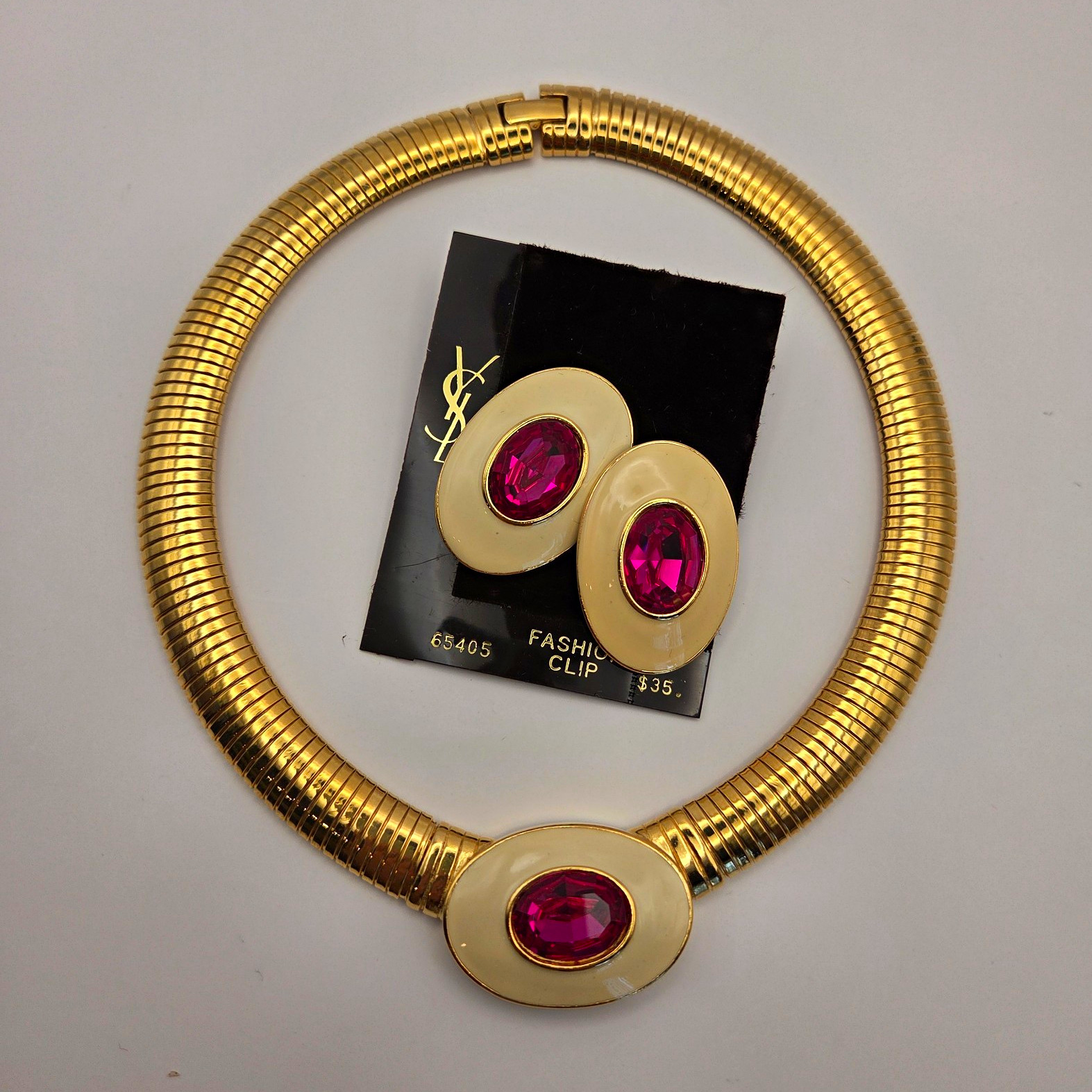 Vintage Estate Yves Saint Laurent YSL Signed Gold Tone Necklace Set Pink