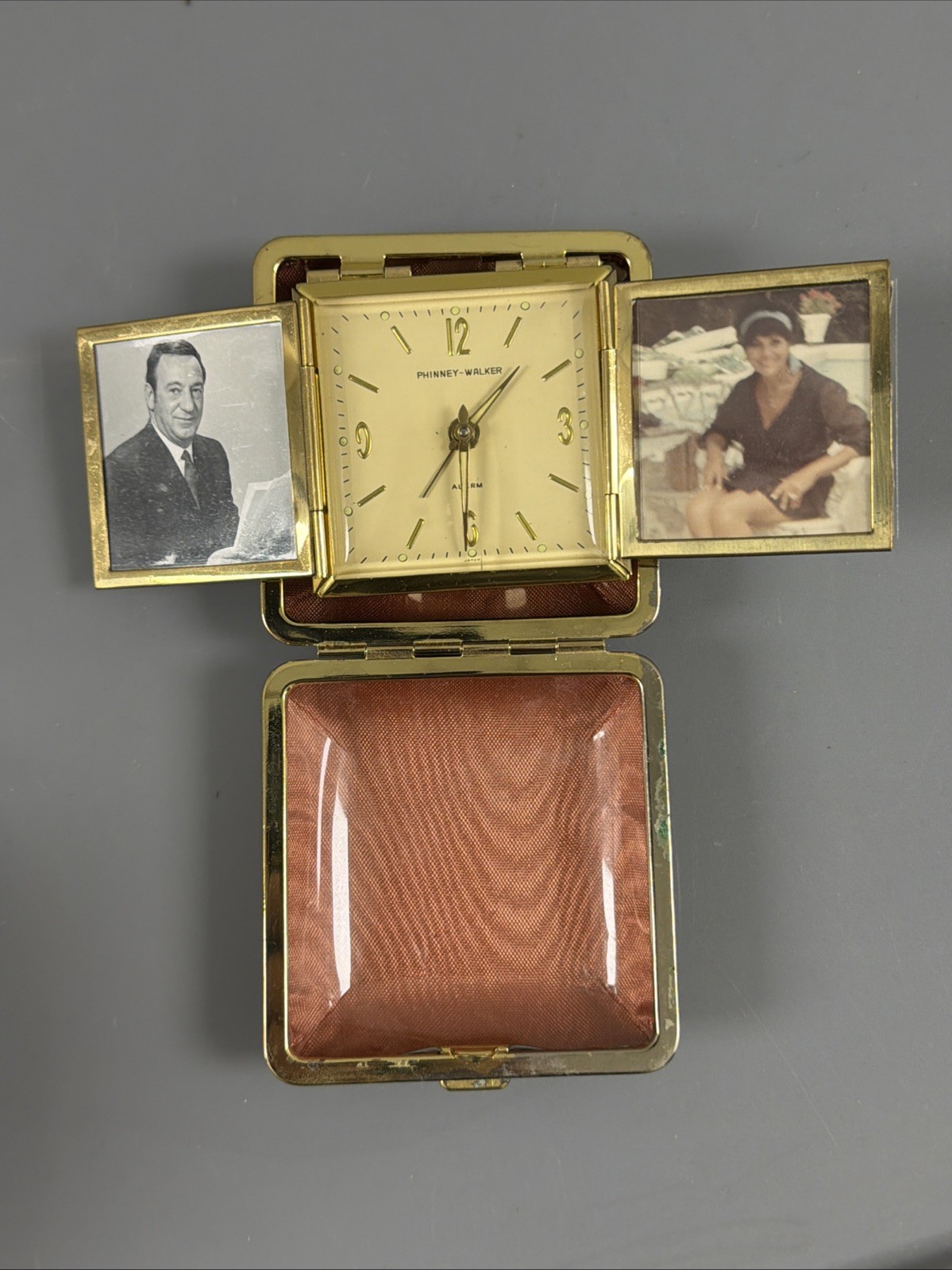 Vintage Phinney-Walker Folding Travel Alarm Clock Brown Faux Leather