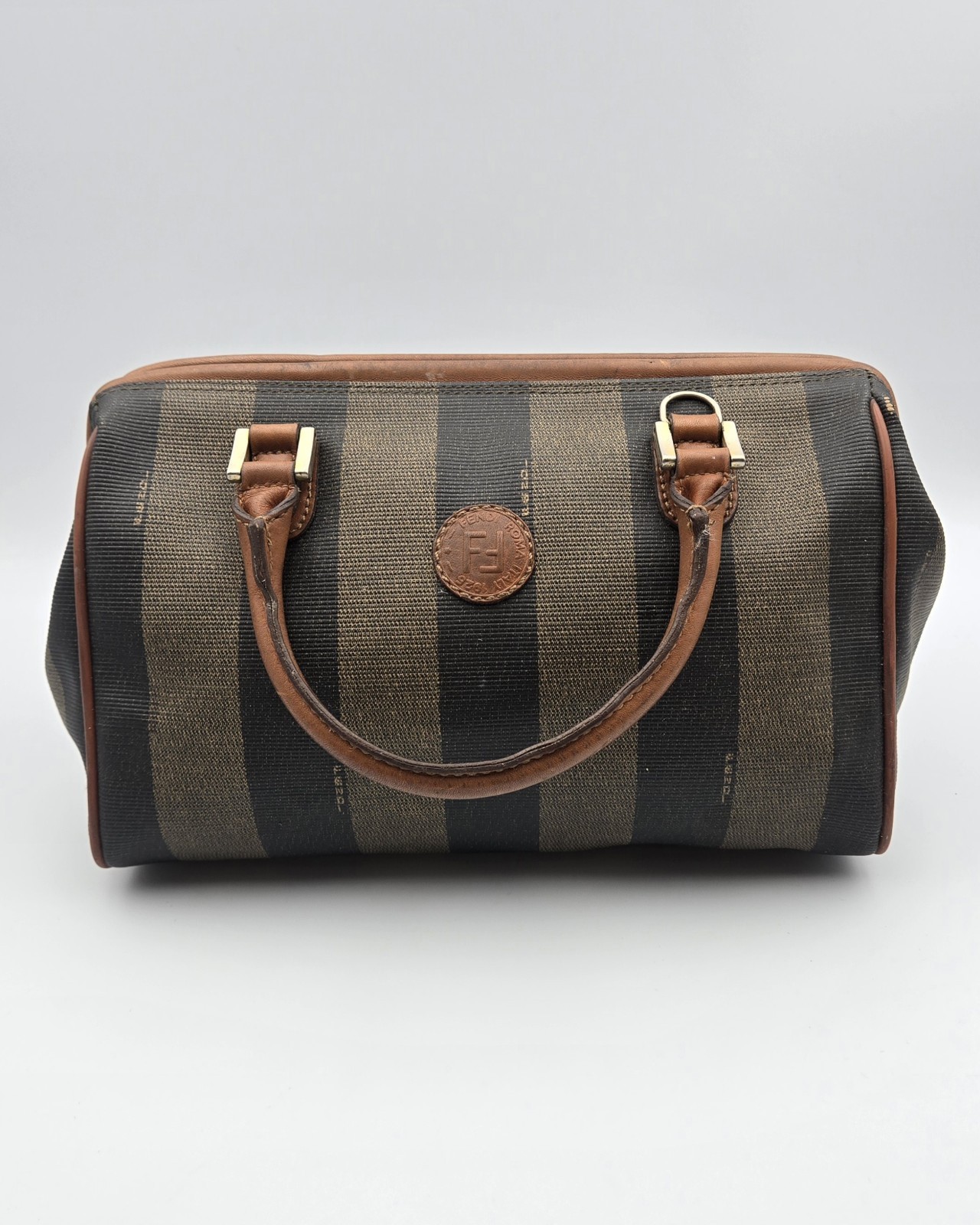 Vintage Fendi Pequin Striped Mini Boston Bag Coated Canvas Brown Leather Two-Way