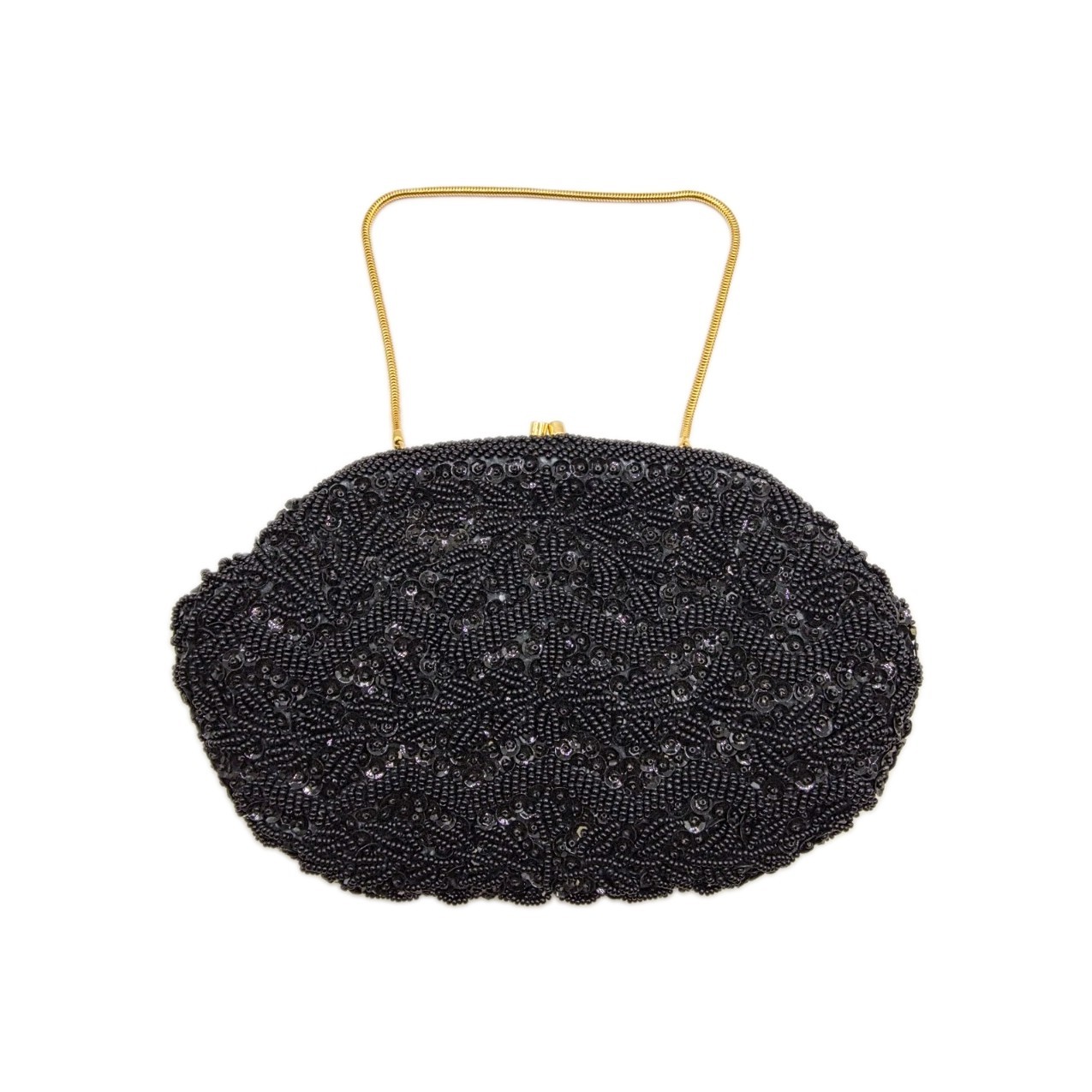 Black Beaded Clasped Purse Evening Bag Vintage Hand Gold Hong Kong Clutch Bag