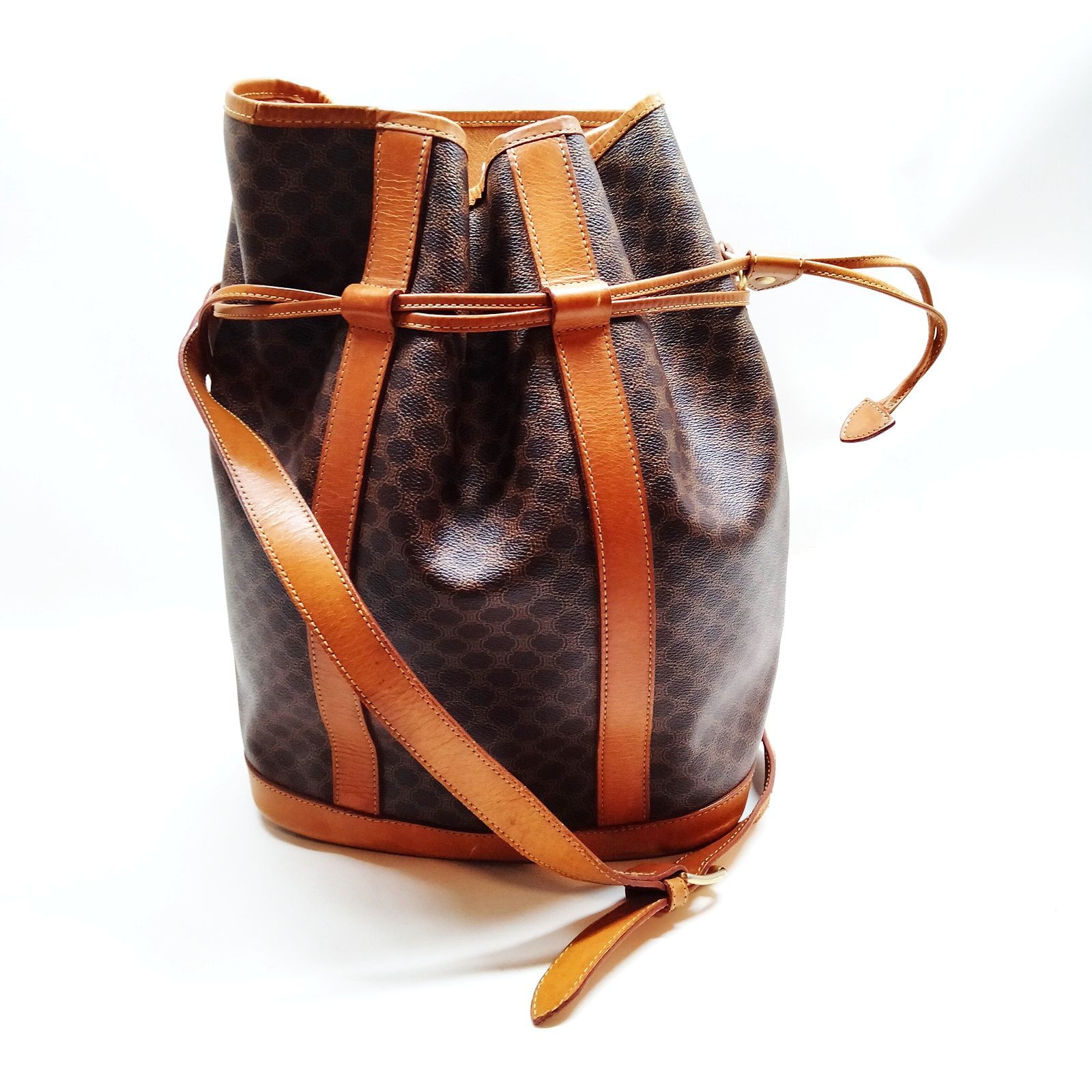 CELINE Macadam PVC Shoulder Bag Brown Drawstring Bucket Vintage Italy 3142638