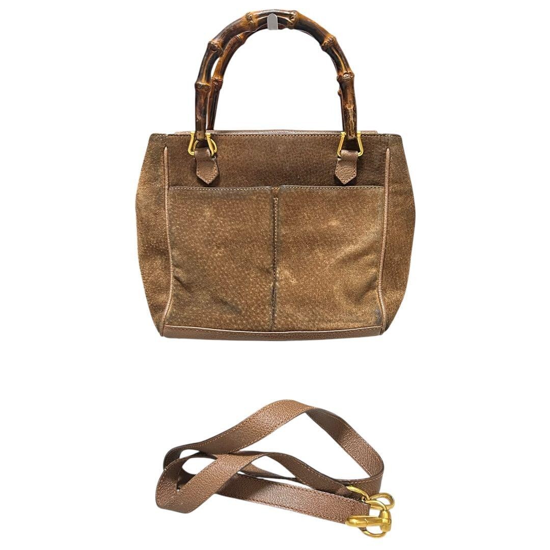 Gucci Bamboo Suede 2 Way Top Handle Bag Brown Vintage Gold Hardware Medium
