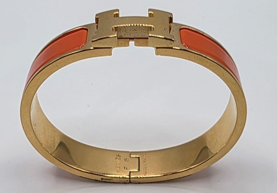 Authentic Hermes Le Bracelet H Clic H Orange Enamel Gold Bracelet Box Vintage