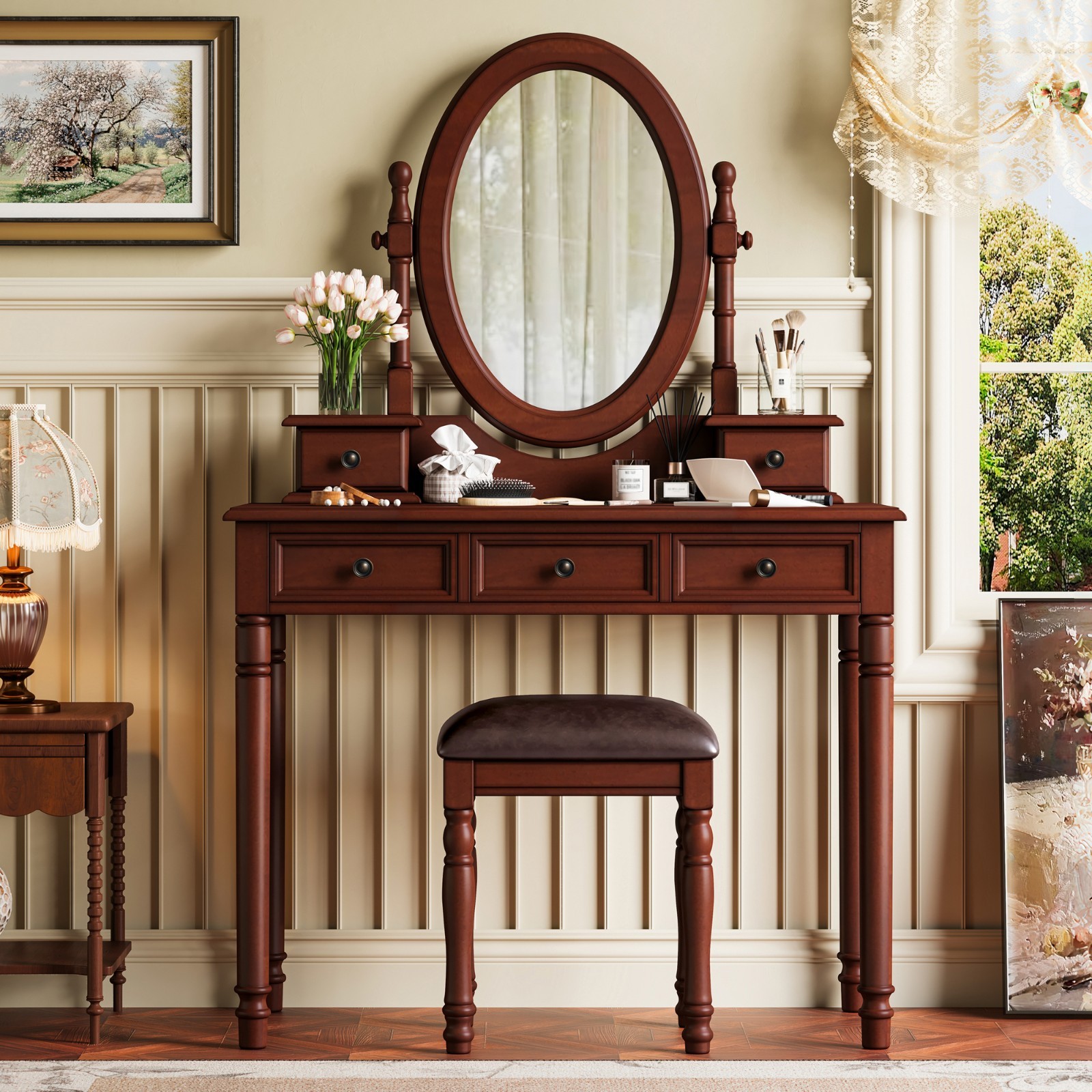 Vanity Desk w/Adjustable Angle Mirror,Vintage Vanity Makeup Table w/Stool Walnut
