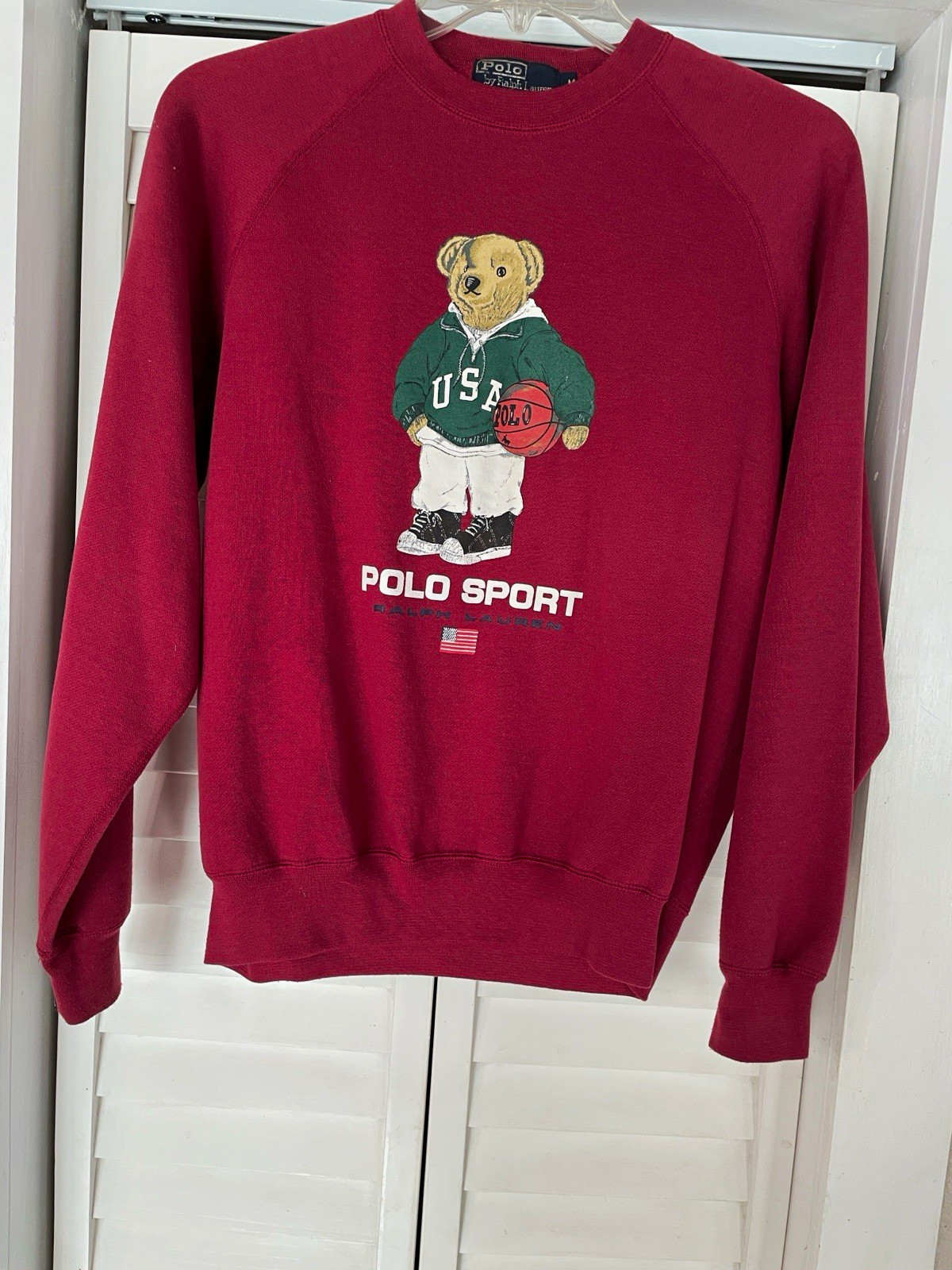 1990’s Rare Ralph Lauren Polo Sport Polo Bear USA Fleece Sweatshirt M Burgundy