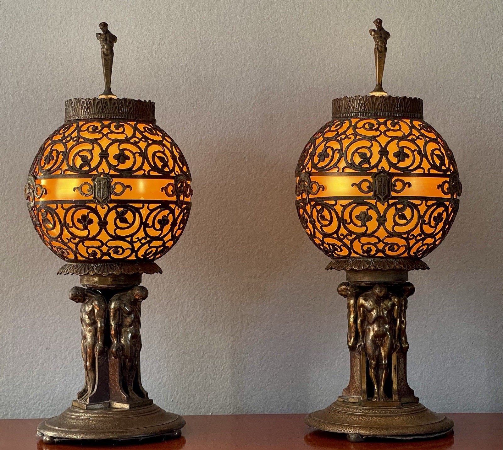 Oscar Bach Gilt Bronze Table Lamps w/ Steuben Globe Circa 1925 Signed
