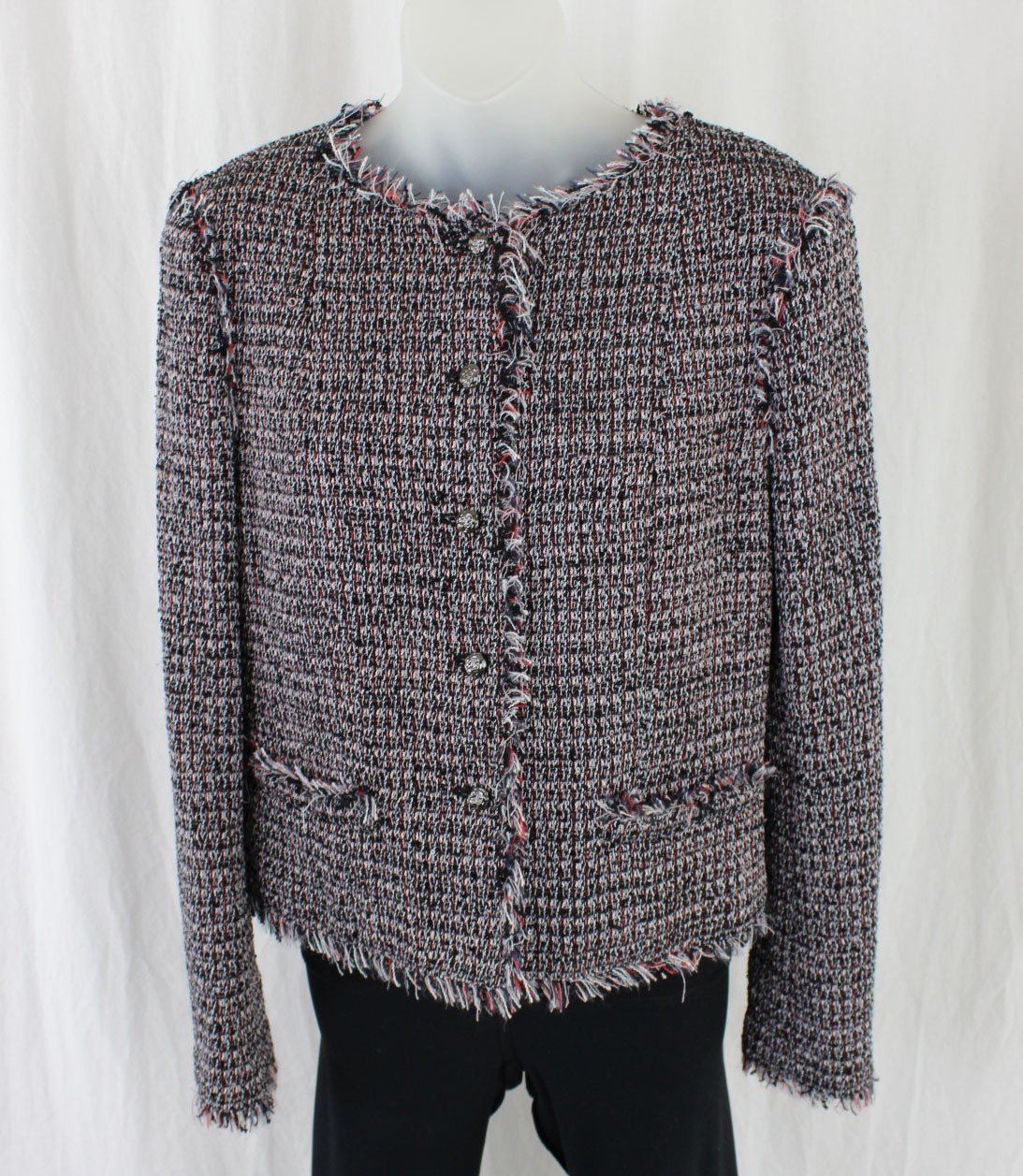 Chanel Auth Vintage Black White Pink Red Tweed Fringe Jacket Blazer FR 40 US 8
