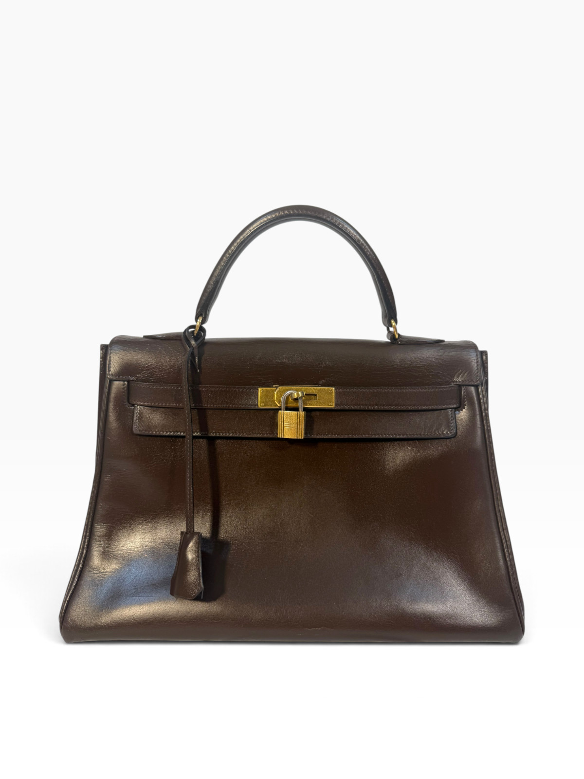 Vintage Hermes Kelly 32 Brown Box Calf Gold Hardware Lock Key Clochette Bag