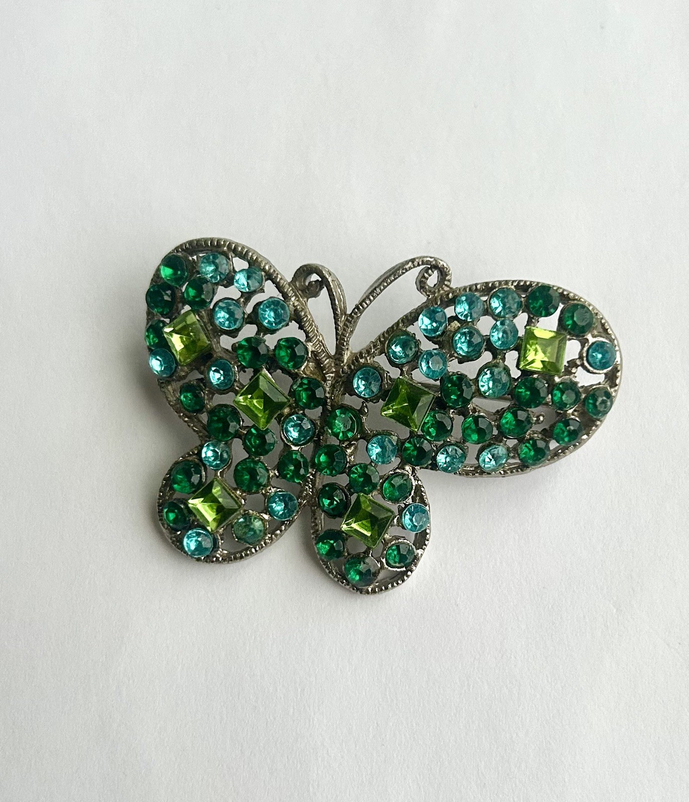 Vintage-Style Green & Turquoise Rhinestone Butterfly Brooch Pin