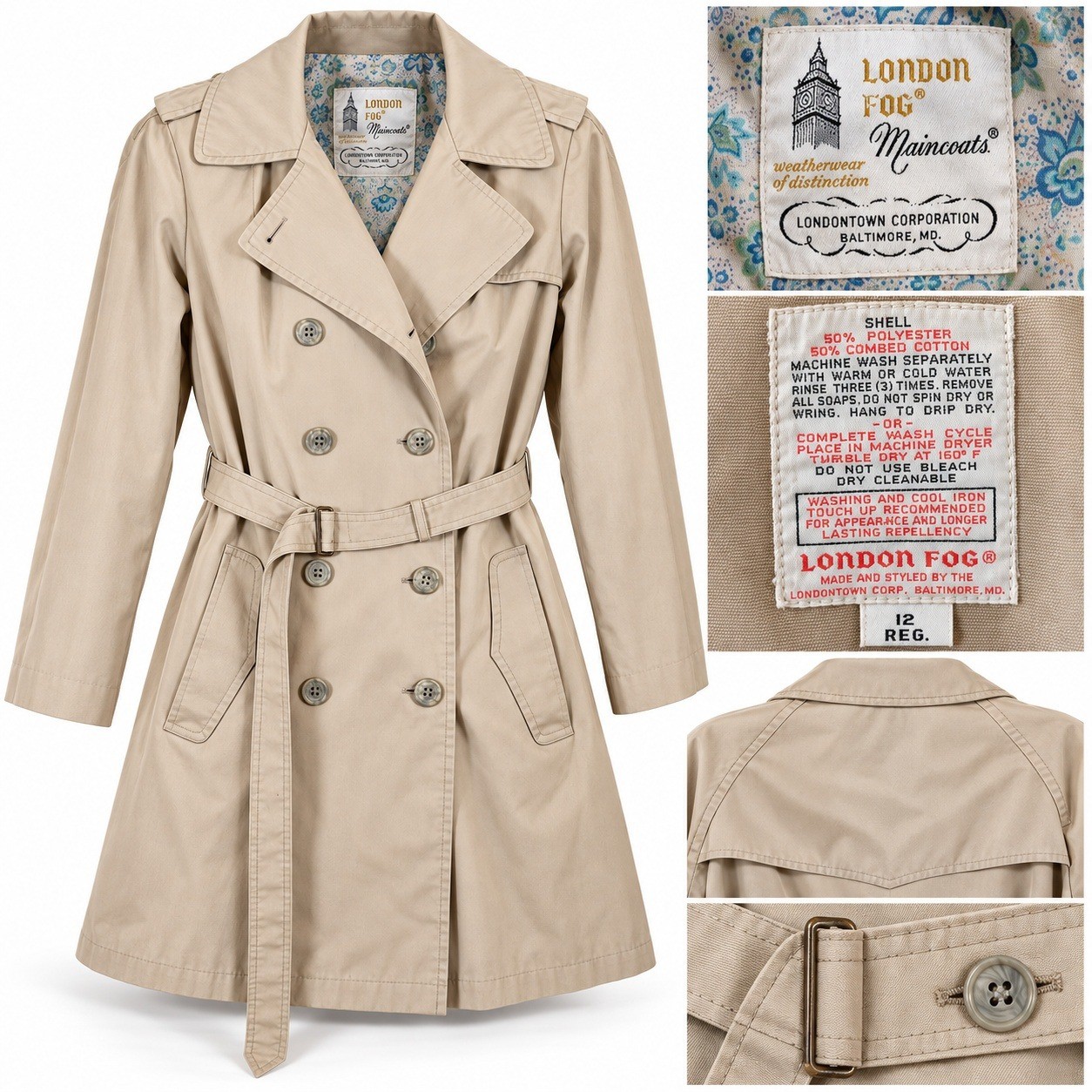 London Fog Trench vintage 70s Coat Women 12 Reg Double Breasted Belted Maincoats