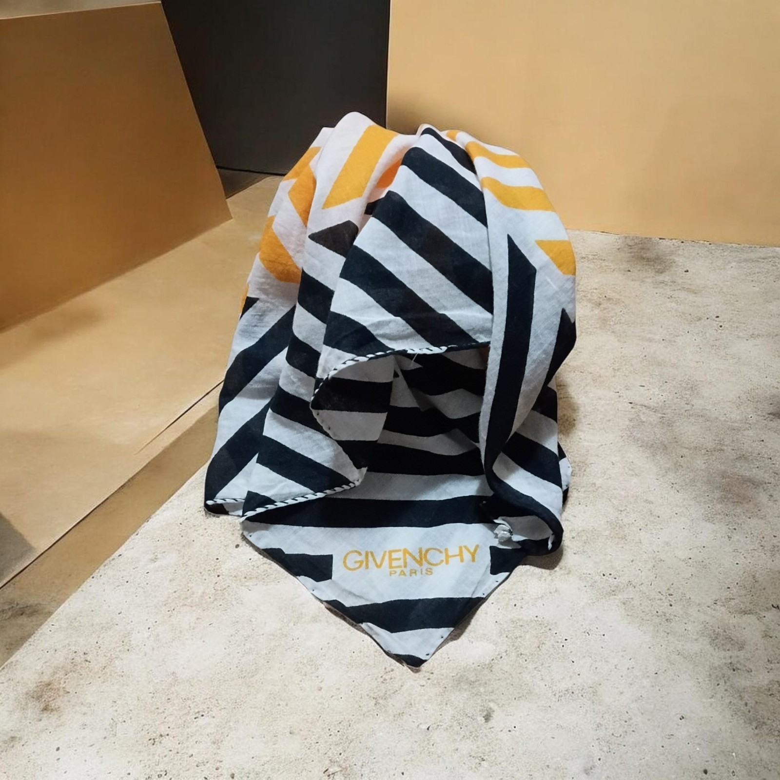 Vintage GIVENCHY Silk Scarf Striped Geometric Black White Yellow Square Bandana