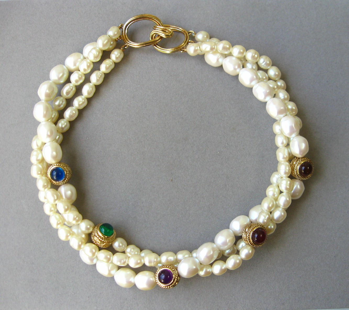 Vintage Signed GIVENCHY Paris New York NECKLACE Faux Glass Pearls/ Cabochons 17"