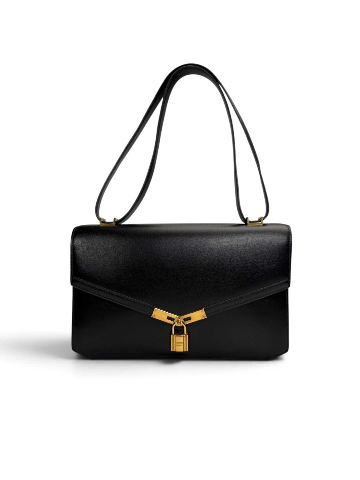 HERMES Vintage Kelly Cadena Black Box Calf Leather Shoulder Bag Gold Hardware