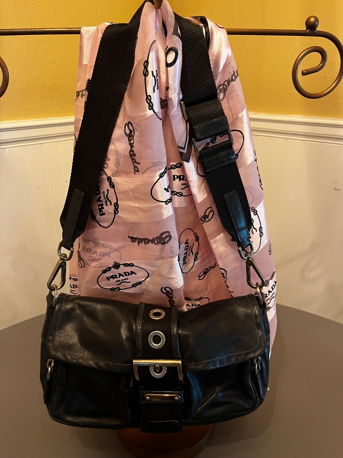 Vintage Prada Tessuto Shoulder Bag Black Saffiano Leather w/ Buckle~Rare Version