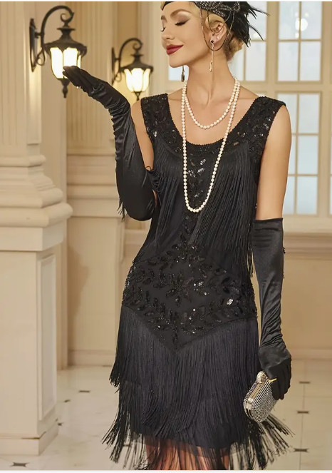 FLAPPER 1920s DRESS-Fringed, Sequined, Black Tank Dress, Vintage Style, MEDIUM