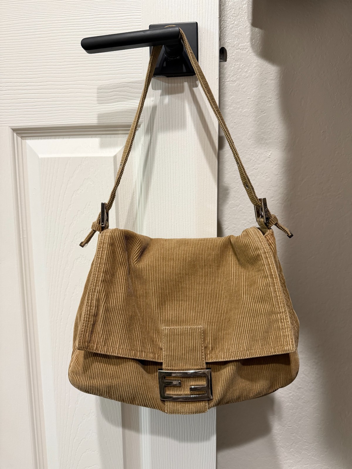 Fendi Vintage FF Logo Brown Corduroy Mamma Baguette Shoulder Bag