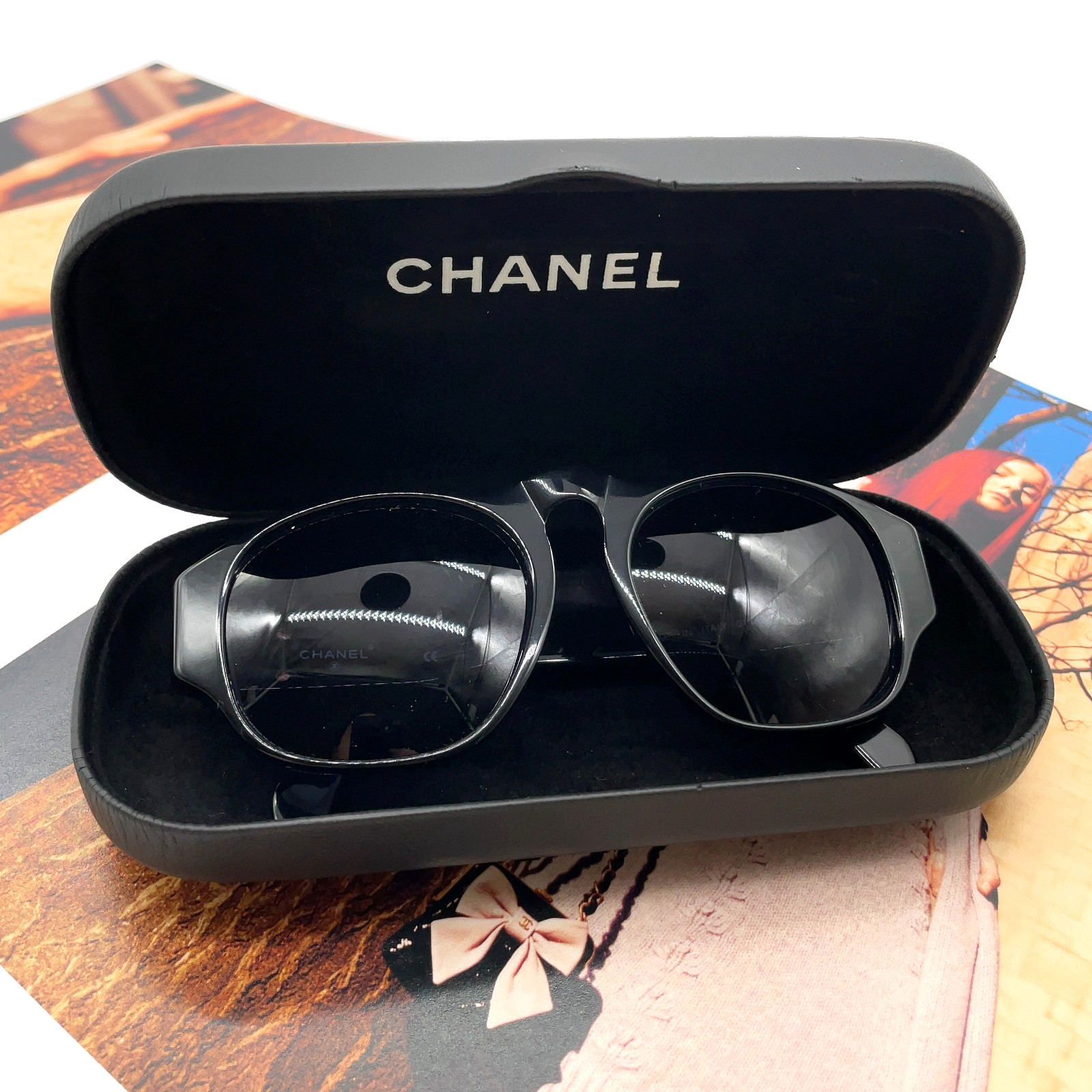 Auth CHANEL Vintage 01452 Coco Mark Black Square Sunglasses W/Case im090042