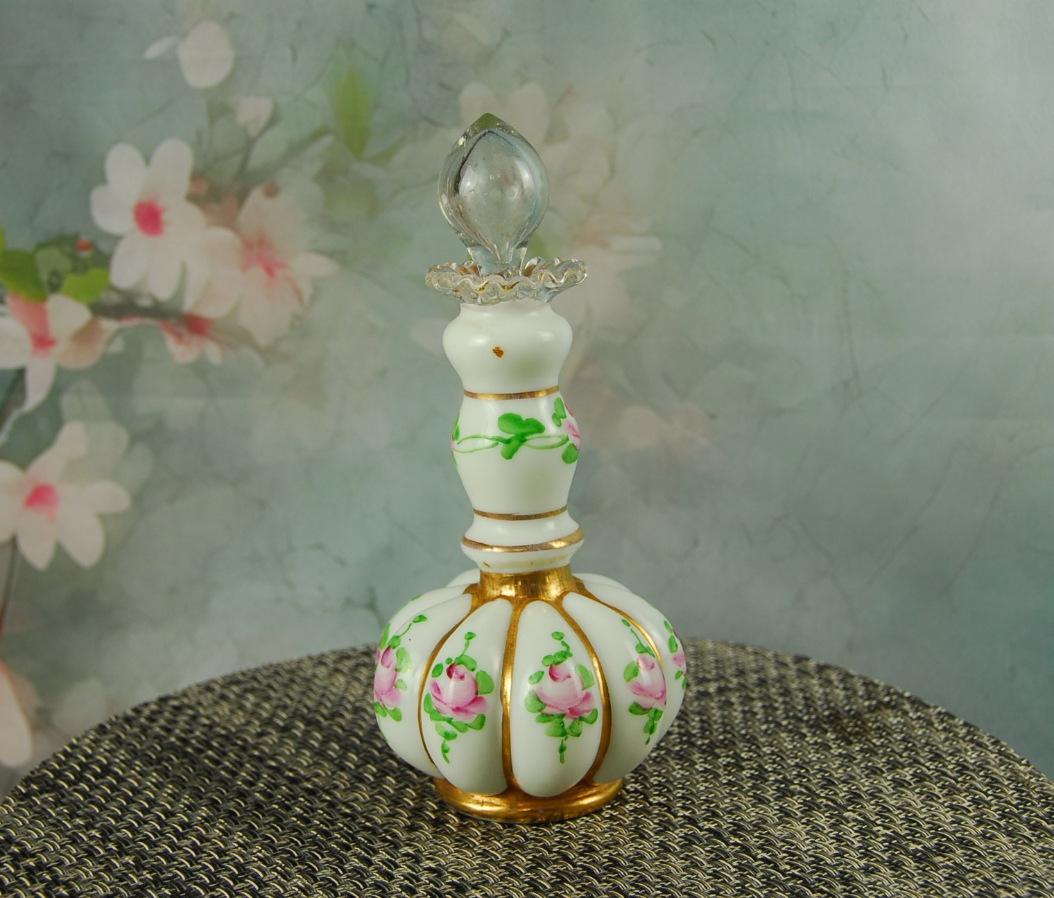 VINTAGE FENTON CHARLETON HANDPAINTED MELON SHAPED PERFUME BOTTLE~ORI. LABEL~EXC