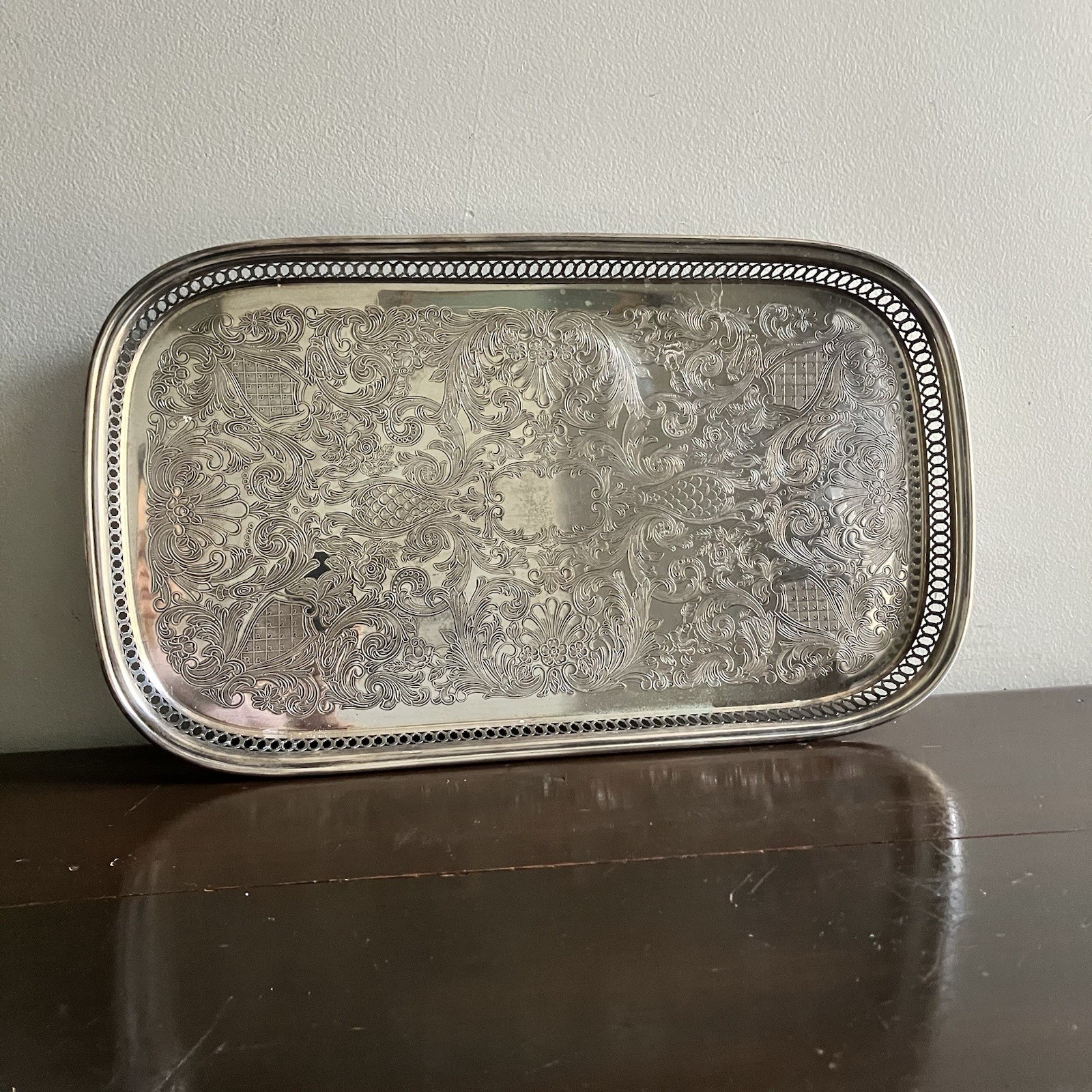 Oneida Serving Tray Silver Plated Rectangular Footed Vintage 19.75”x11.50” x2”