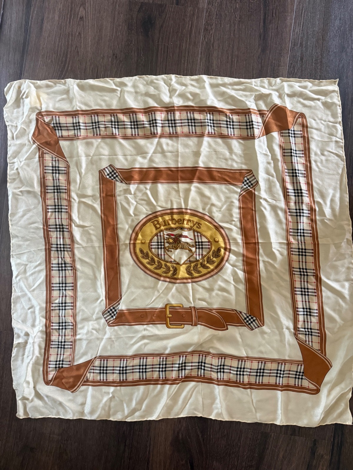 Vintage Burberrys 100% Silk Scarf Equestrian Check 33” Square Made in Italy