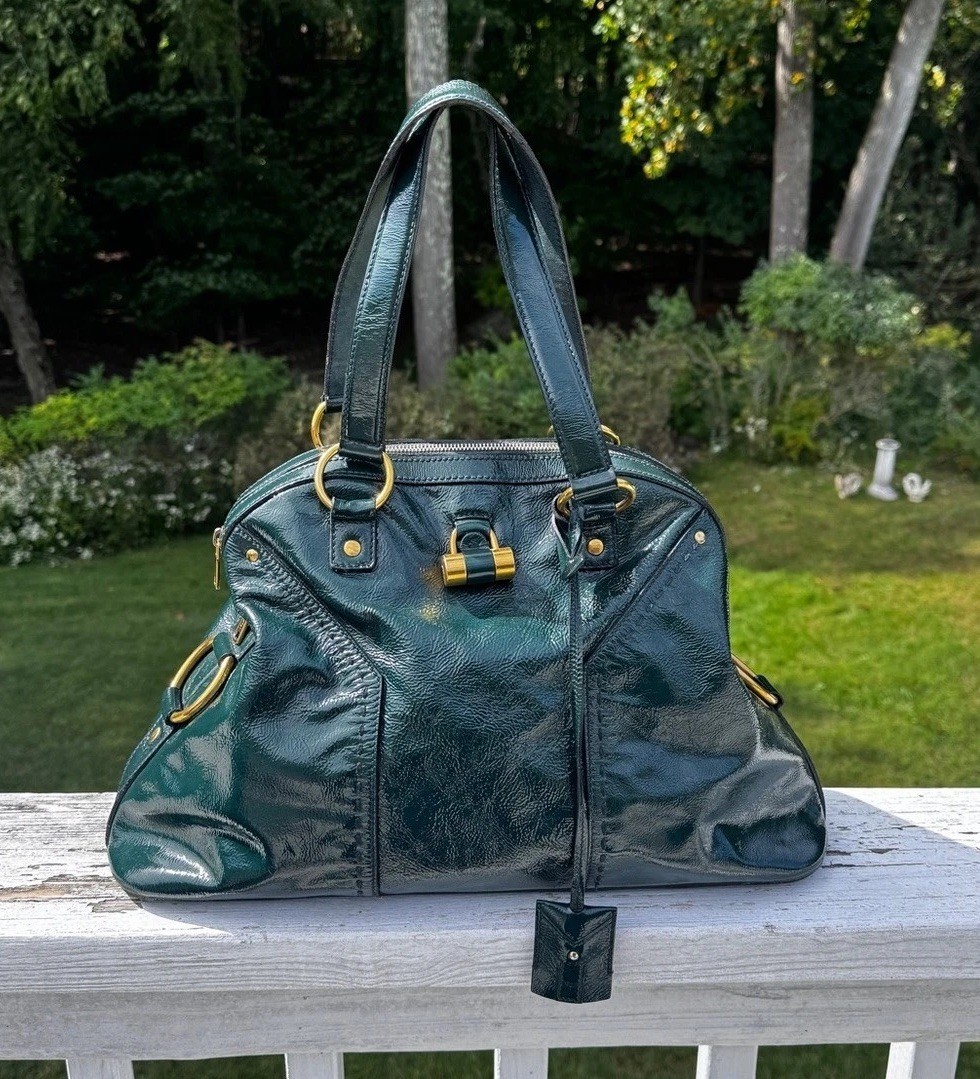 Vintage Yves Saint Laurent Muse glossy dark green patent leather Bag