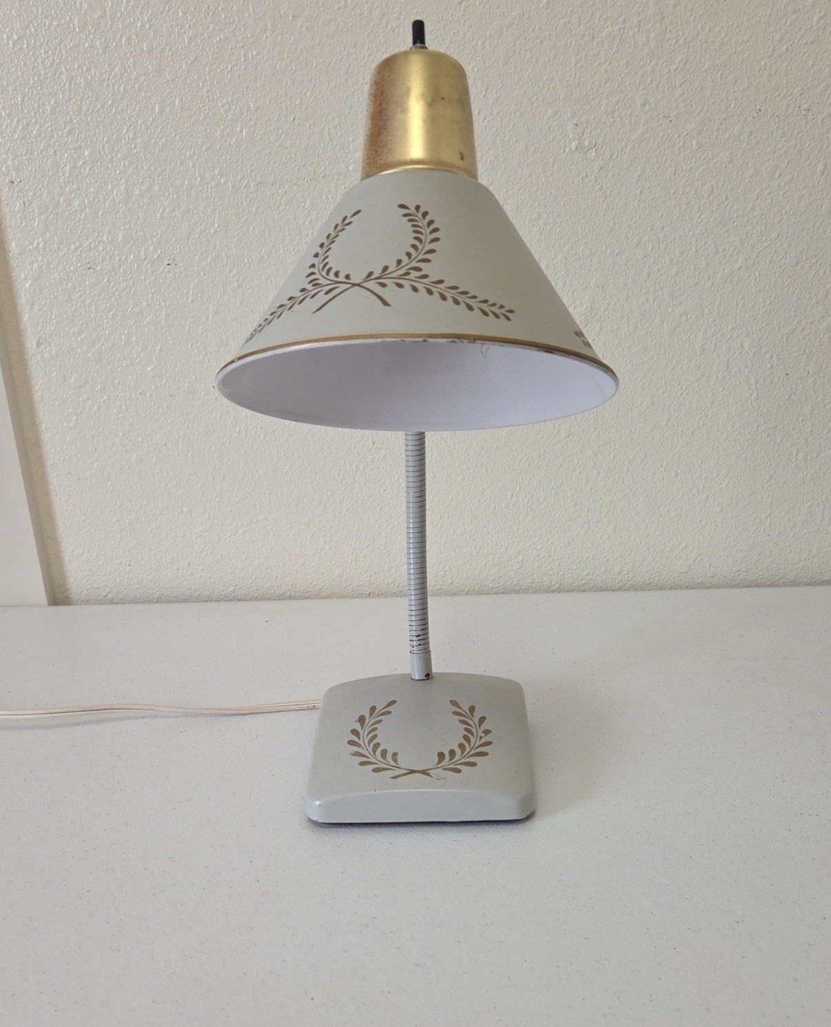 Mid Century Modern Vintage 1950s Gooseneck White and Gold Metal Desk Lamp