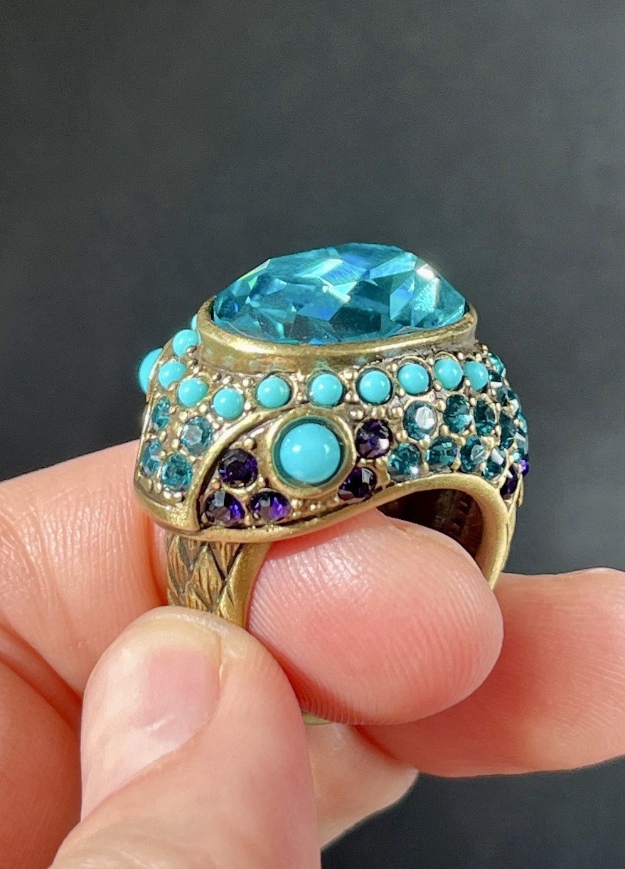 Vintage Heidi Daus Aqua Swarovski Crystal Serpent Ouroboros Ring SZ 7.5