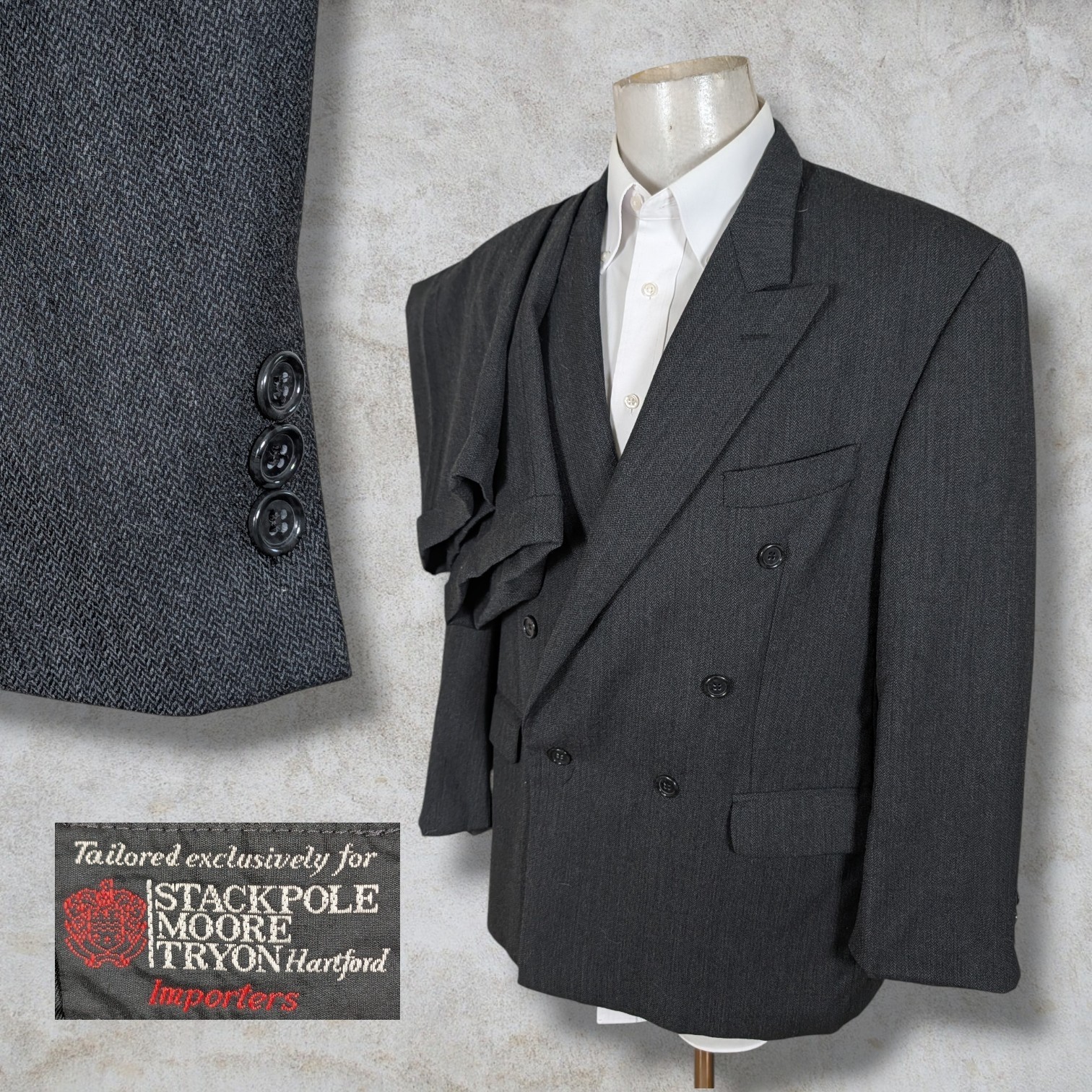 Stackpole Moore Vintage 2 Piece Suit Mens 42S 36x28 Dark Gray Double Breast Soft