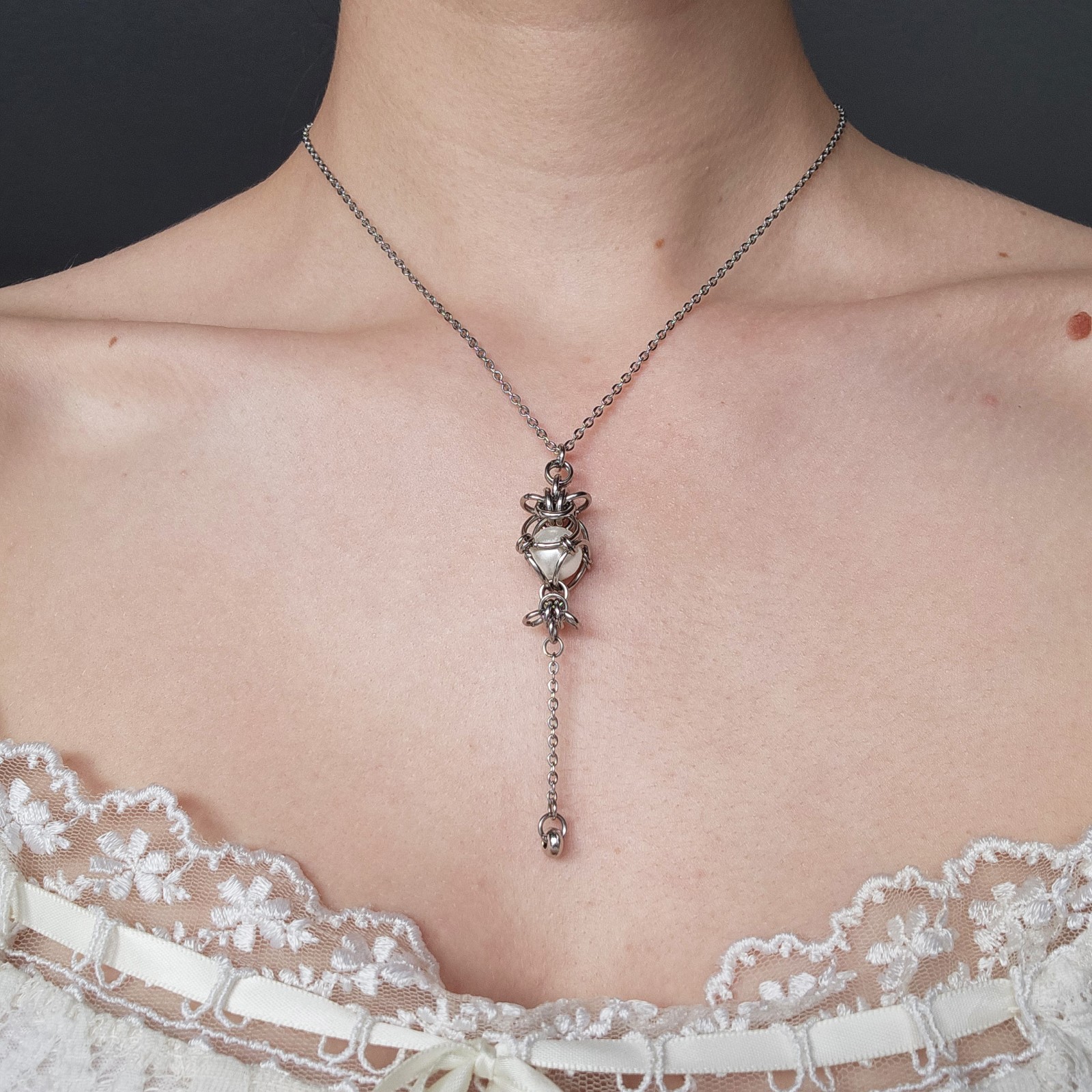 Vintage white pearl and silver rosary stainless steel necklace