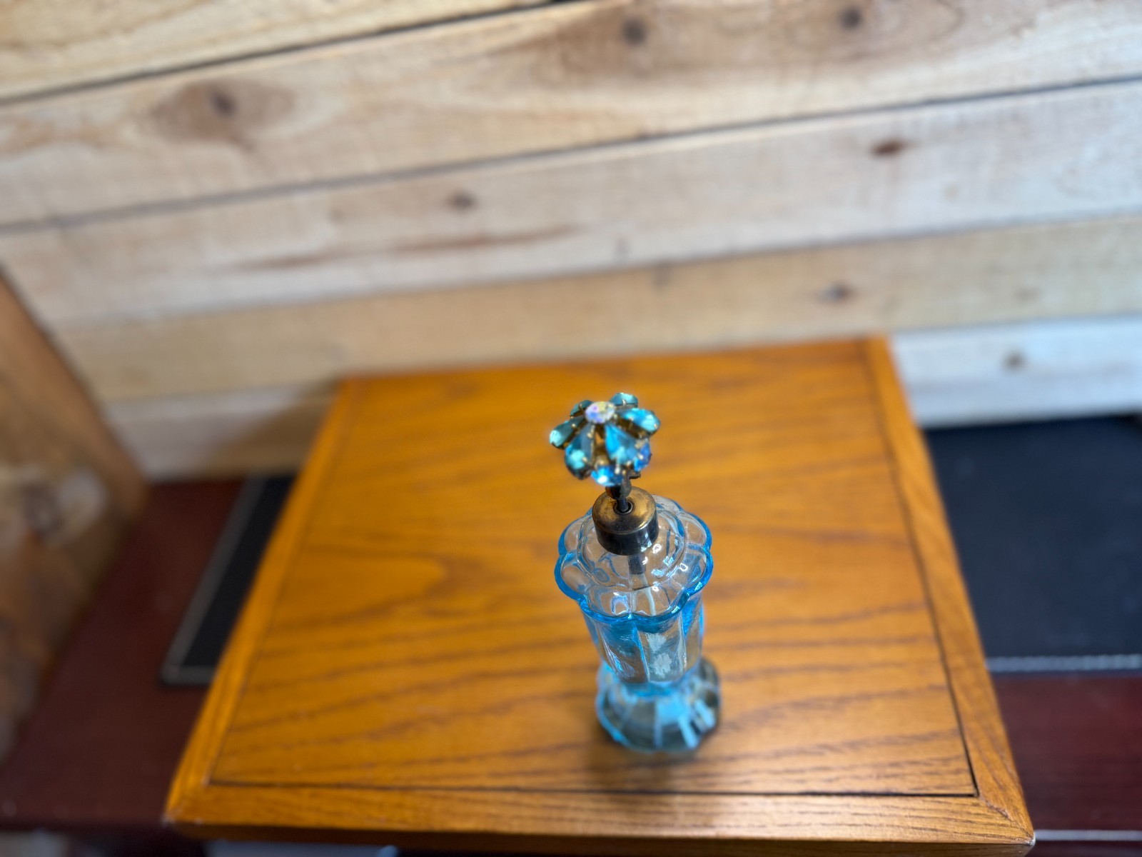 Vintage IRICE Japan Blue Glass Perfume Bottle Jeweled Top