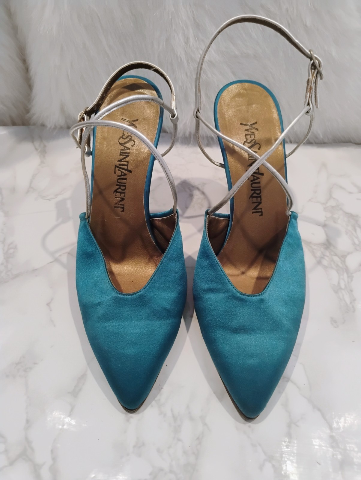 Yves Saint Laurent 3.5" womens high heels size 6M vintage silver & blue satin