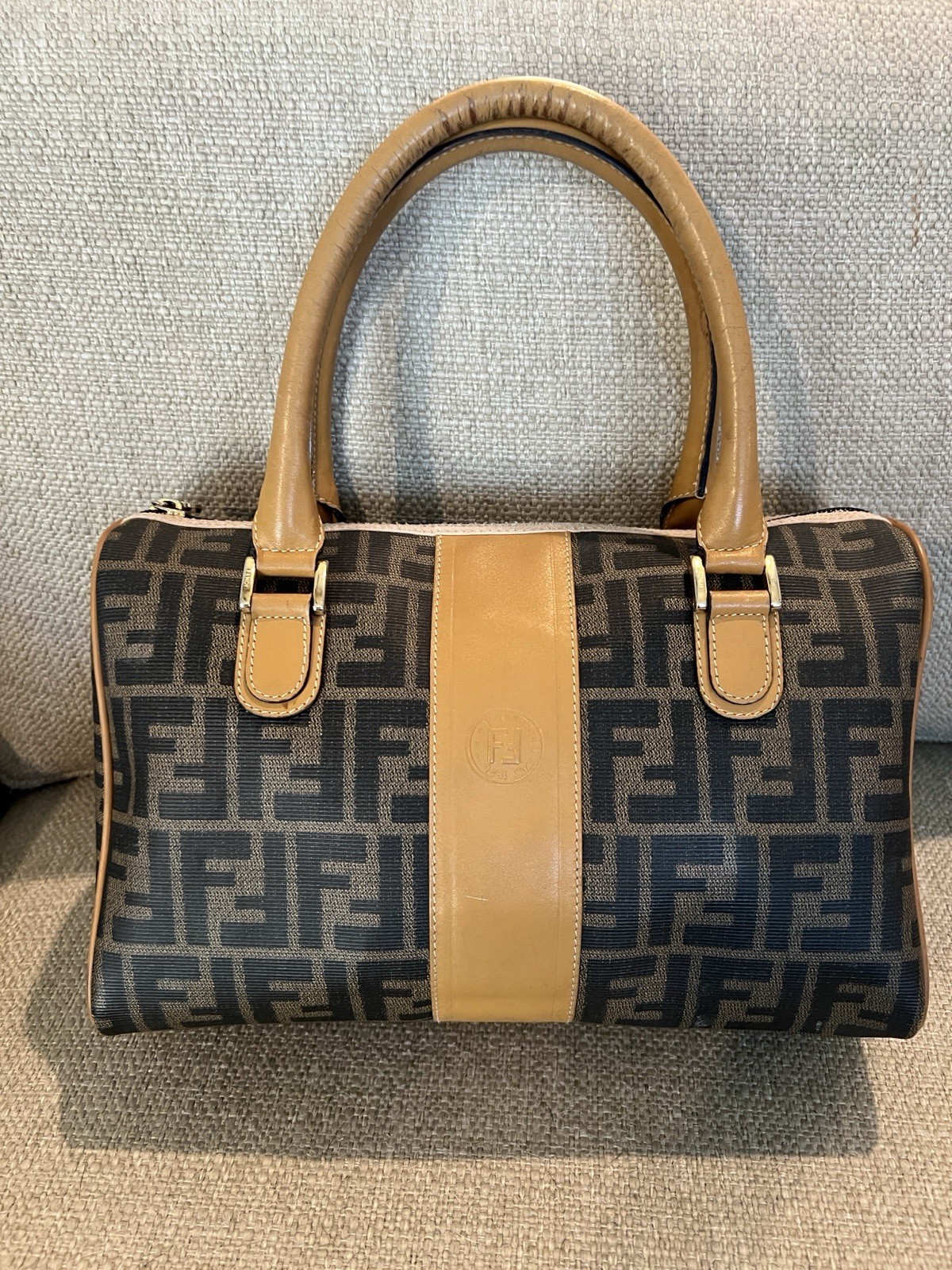 Vintage Fendi Zucca FF Boston Bag Brown Black Monogram Leather Italy 11x9x6