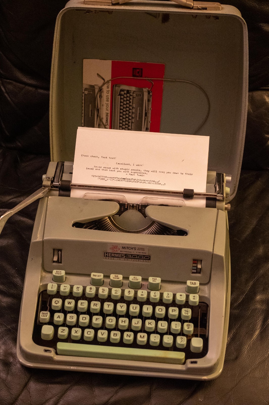Vintage 1960s Hermes 3000 Typewriter in Sea-foam Green, rare Senate typeface